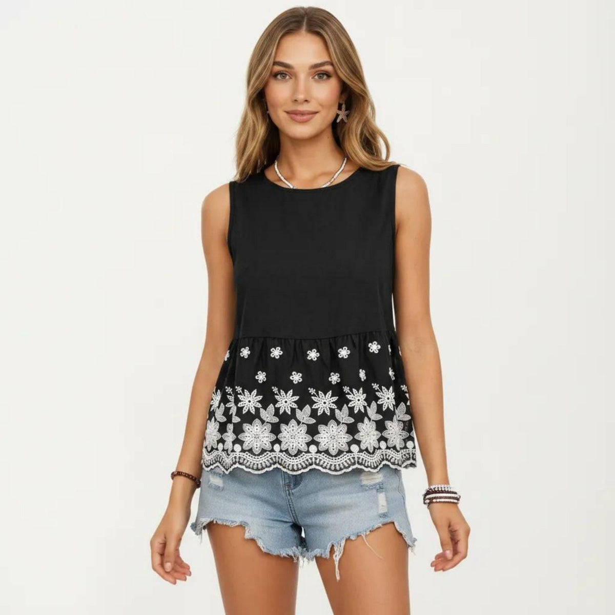 Anna-Kaci Women's Embroidered Floral Peplum Tank Top with Back Tie