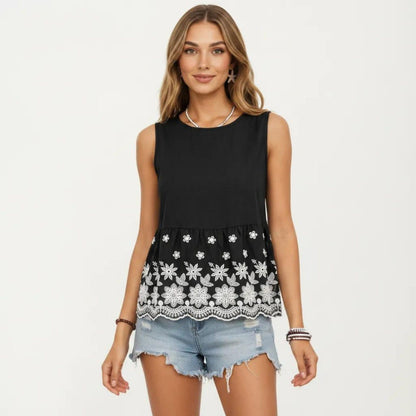 Anna-Kaci Women's Embroidered Floral Peplum Tank Top with Back Tie