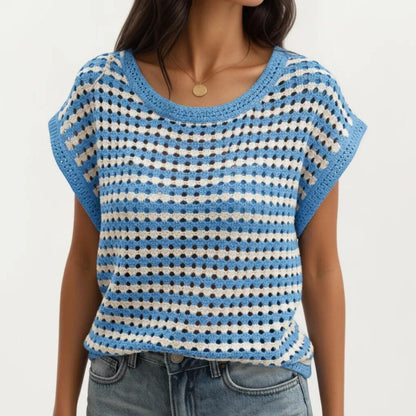 Anna-Kaci Women's Short Sleeve Striped Crochet Knit Top with Open Stitch Texture and Relaxed Fit