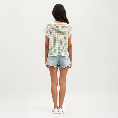 Anna-Kaci Women's Short Sleeve Striped Crochet Knit Top with Open Stitch Texture and Relaxed Fit