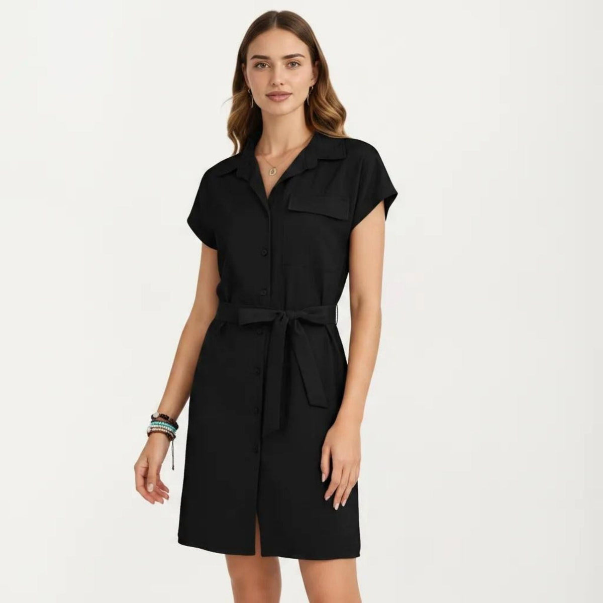 Anna-Kaci Women's Short Sleeve Button Front Shirt Dress with Collared Neckline and Adjustable Waist Tie