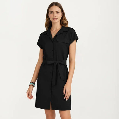 Anna-Kaci Women's Short Sleeve Button Front Shirt Dress with Collared Neckline and Adjustable Waist Tie