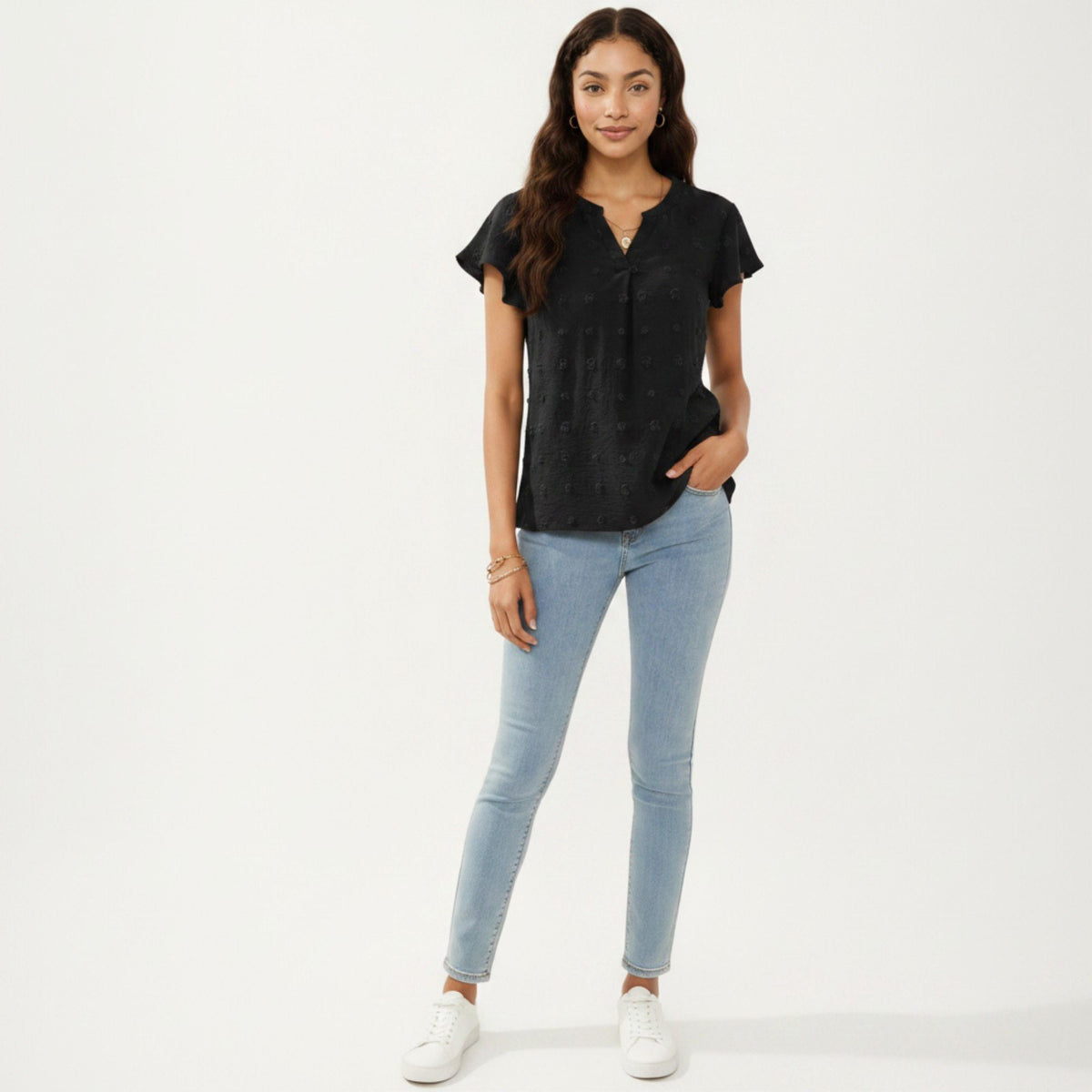 Anna-Kaci Women's Short Sleeve Swiss Dot Top with Split Neckline and Soft Textured Fabric