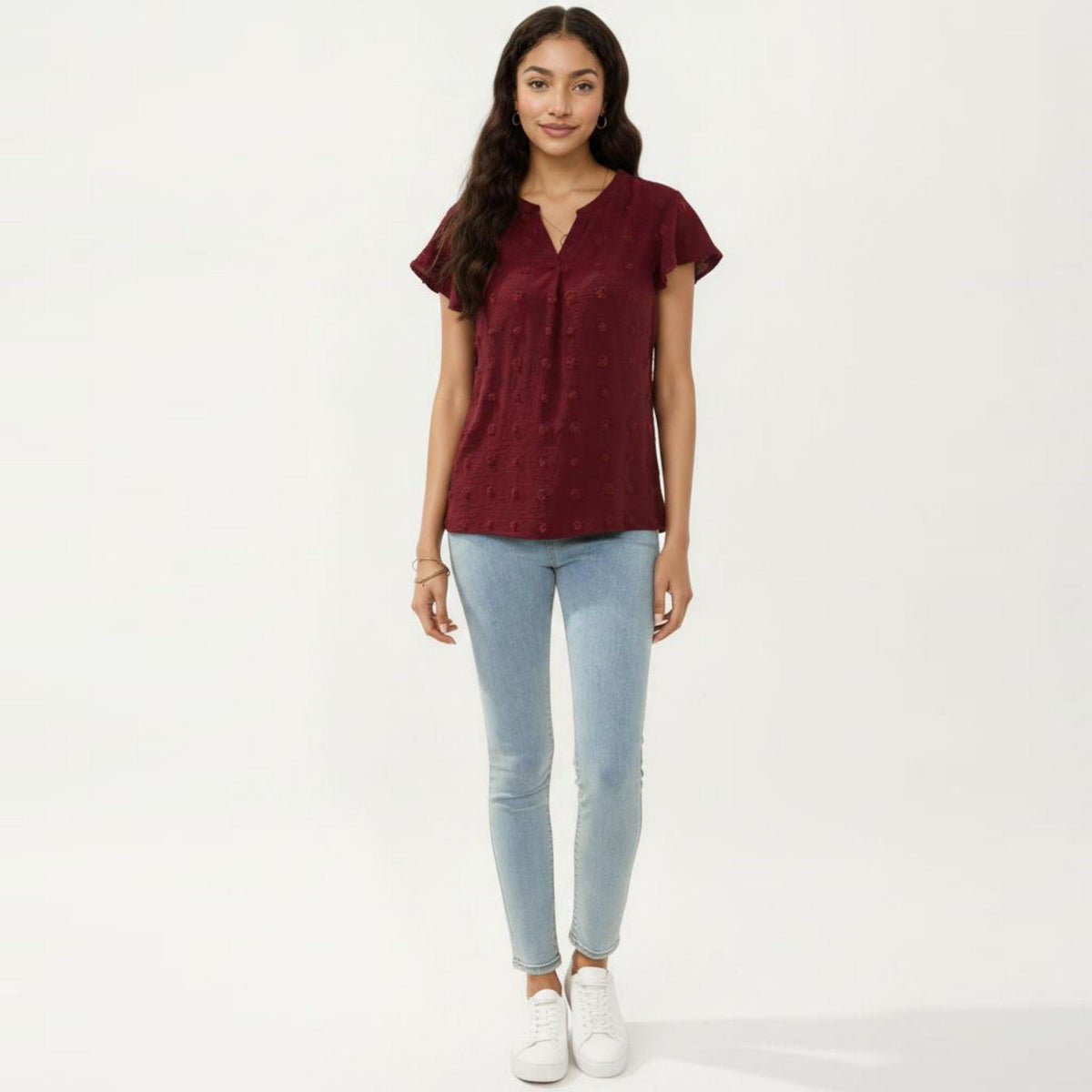 Anna-Kaci Women's Short Sleeve Swiss Dot Top with Split Neckline and Soft Textured Fabric