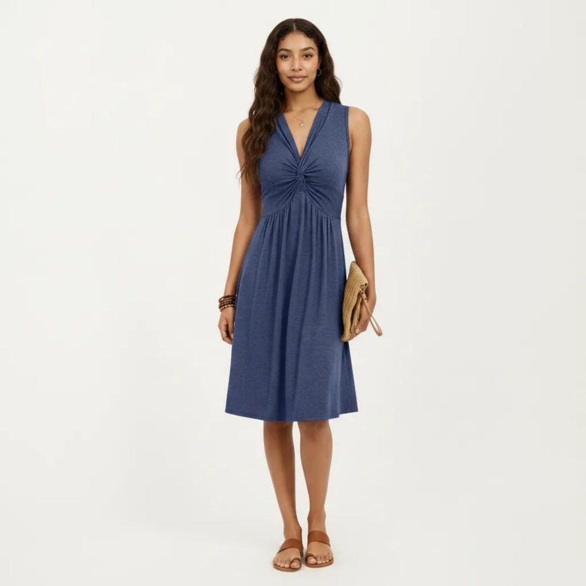 Anna-Kaci Women's Sleeveless V Neck Midi Dress with Front Twist Detail and Flowy A Line Silhouette