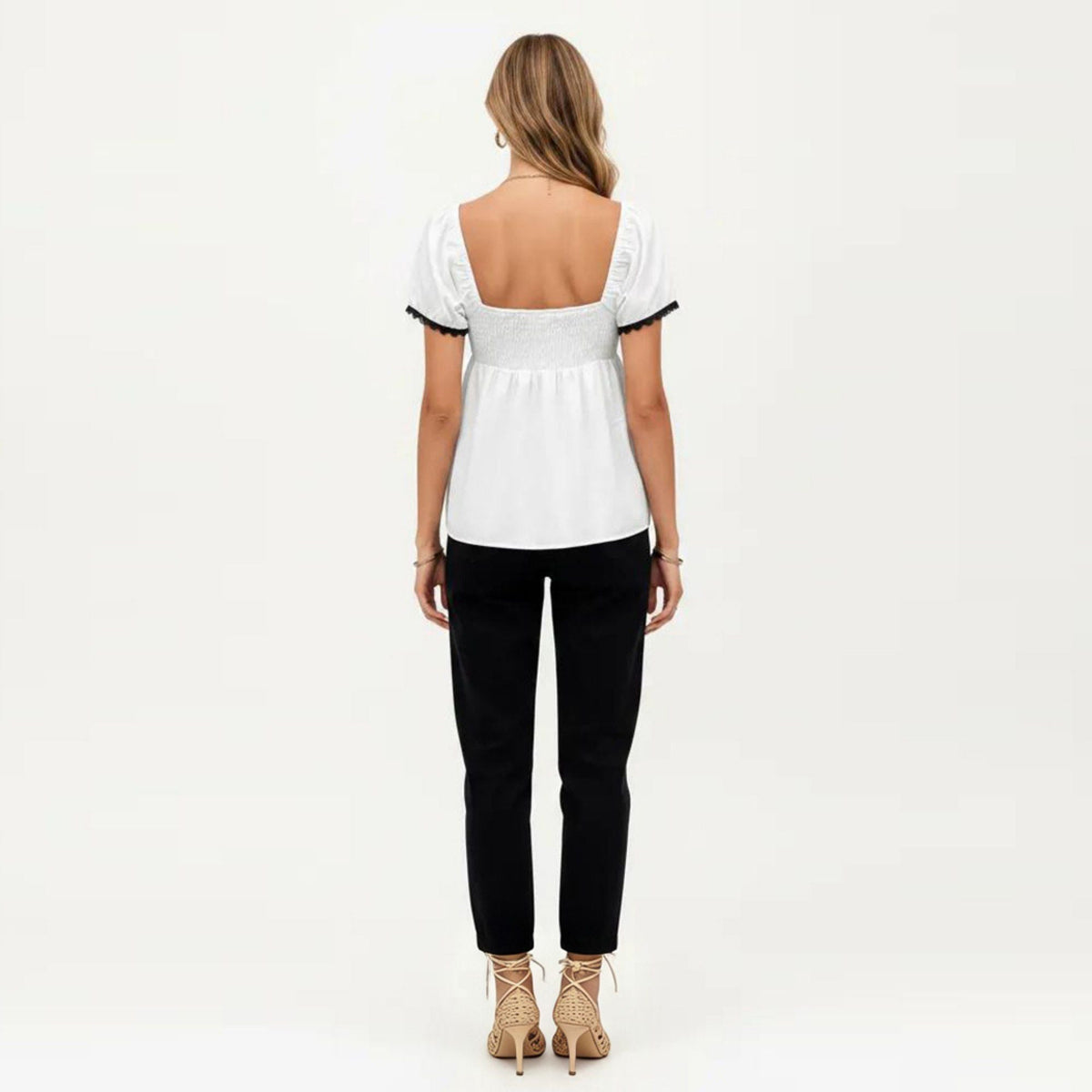 Anna-Kaci Women's French Style Lace Trim Puff Sleeve Empire Waist Blouse