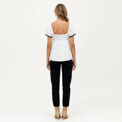 Anna-Kaci Women's French Style Lace Trim Puff Sleeve Empire Waist Blouse