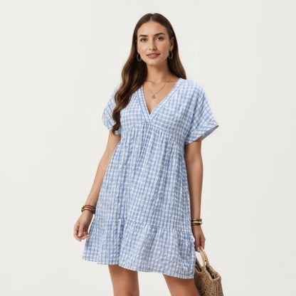 Anna-Kaci Women's Short Sleeve V Neck Plaid Mini Dress with Tiered Hem Loose Fit Casual Lightweight Summer Dress