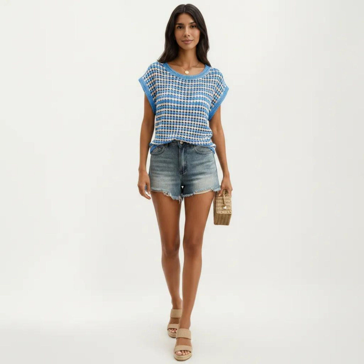 Anna-Kaci Women's Short Sleeve Striped Crochet Knit Top with Open Stitch Texture and Relaxed Fit