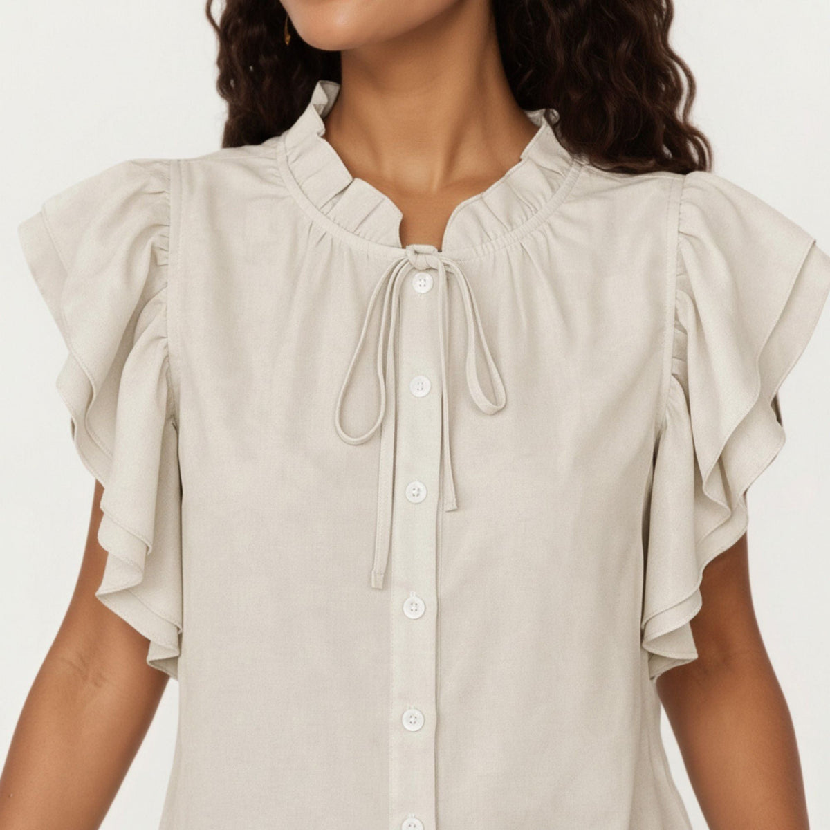 Anna-Kaci Women's Ruffle Flutter Sleeve Button Down Blouse with Tie Neck