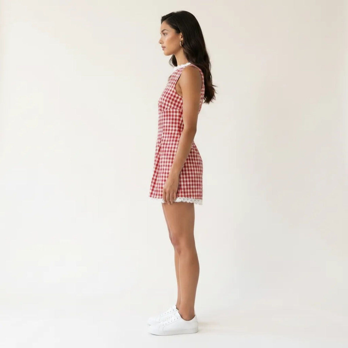 Anna-Kaci Women's Gingham Romper Sleeveless Lace Trim Fit and Flare Lightweight Casual One Piece