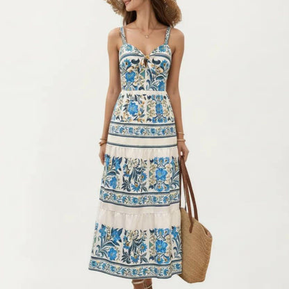 Anna-Kaci Women's Sleeveless Maxi Dress with Adjustable Straps Tiered Skirt Printed Design Flowy Fit