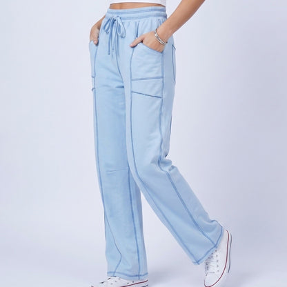 Anna-Kaci Women's High Rise Drawstring Wide Leg Utility Pants with Patch Pockets