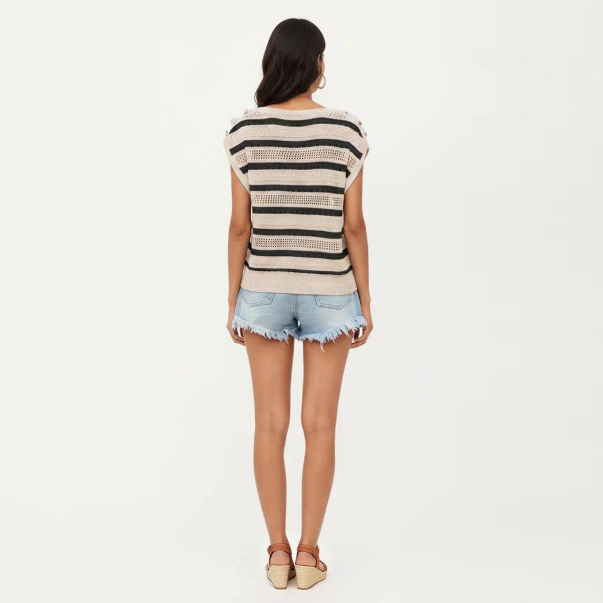 Anna-Kaci Women's Short Sleeve Striped Open Knit Top with Button Shoulder Detail and Relaxed Fit
