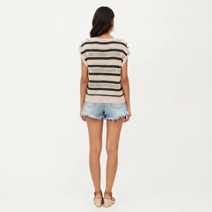 Anna-Kaci Women's Short Sleeve Striped Open Knit Top with Button Shoulder Detail and Relaxed Fit