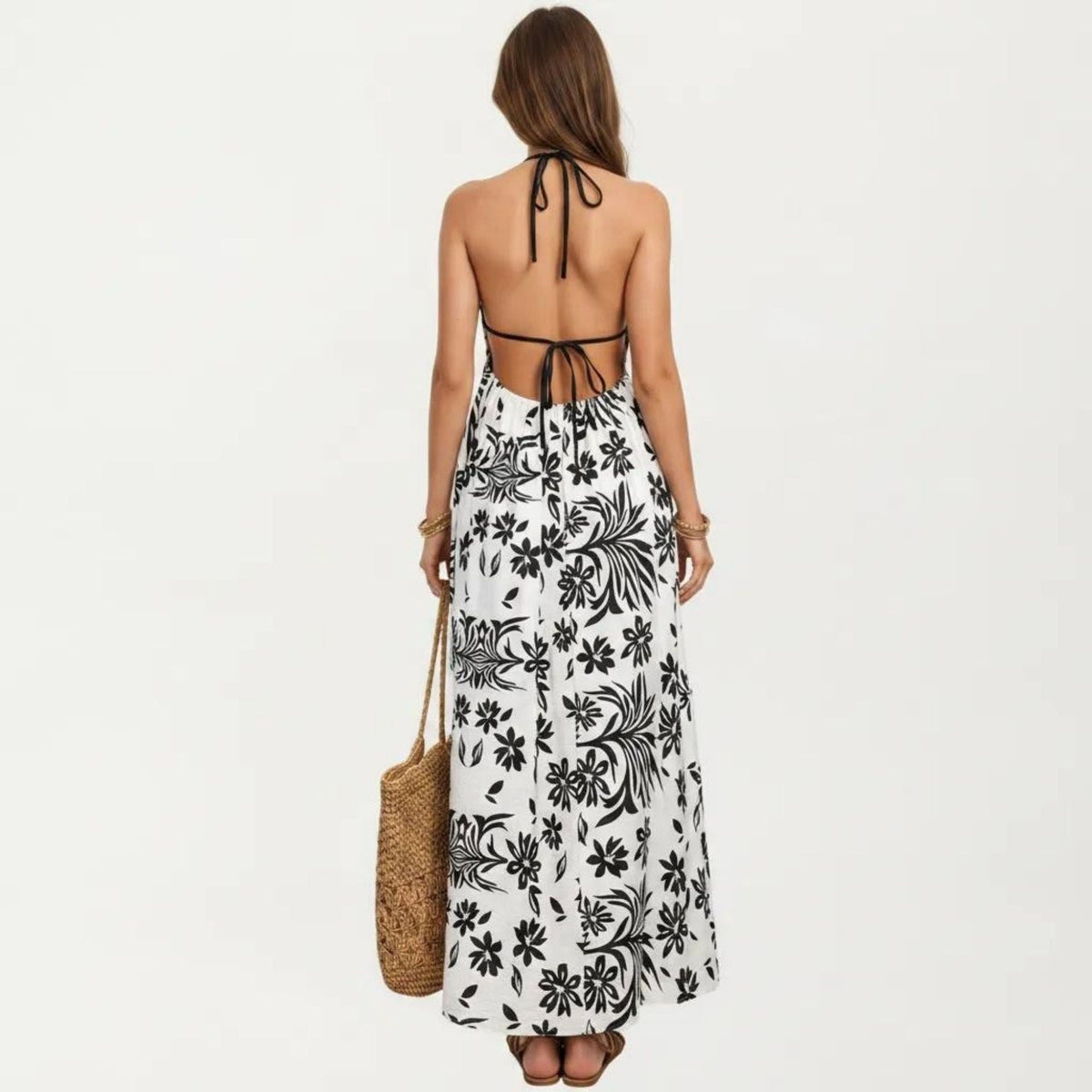 Anna-Kaci Women's Halter Neck Maxi Dress with Open Back Tie Design Flowy Printed Long Dress