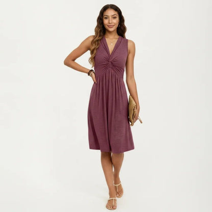 Anna-Kaci Women's Sleeveless V Neck Midi Dress with Front Twist Detail and Flowy A Line Silhouette