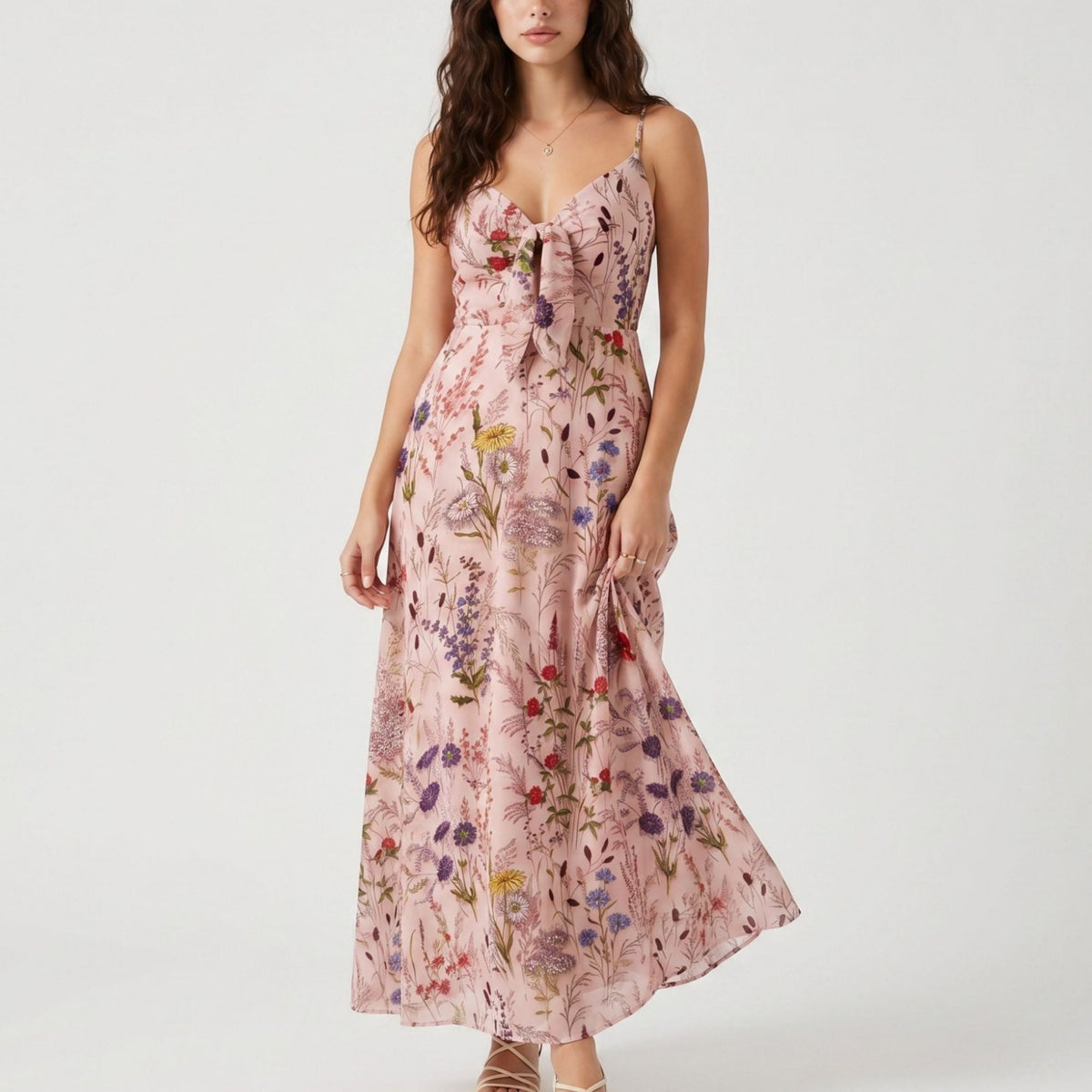 Anna-Kaci Women's Floral Print Tie Front Maxi Dress with Spaghetti Straps and Flowy Skirt
