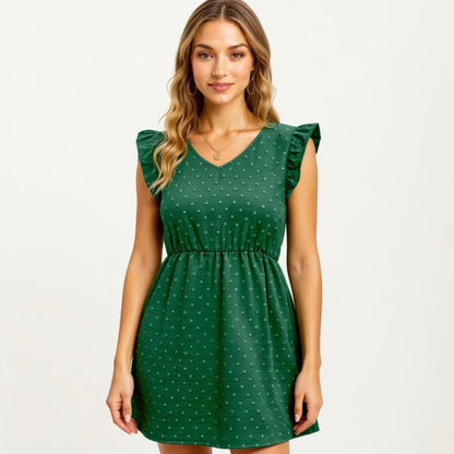 Anna-Kaci Women's Swiss Dot Babydoll Dress with Ruffle Sleeves and V-Neckline
