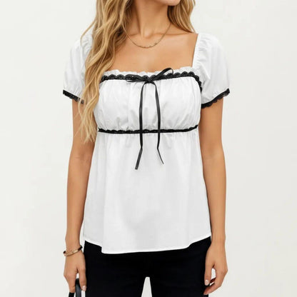 Anna-Kaci Women's French Style Lace Trim Puff Sleeve Empire Waist Blouse