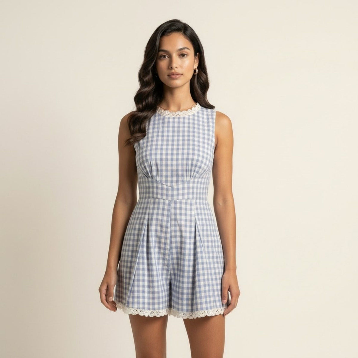 Anna-Kaci Women's Gingham Romper Sleeveless Lace Trim Fit and Flare Lightweight Casual One Piece