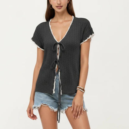 Anna-Kaci Women's Short Sleeve Knit Cardigan Top with V-Neck Tie Front and Contrast Trim