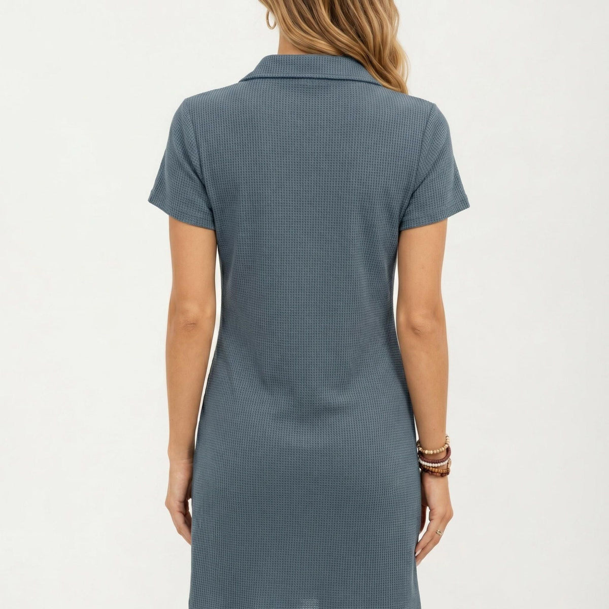 Anna-Kaci Women's Short Sleeve Collared Mini Dress with Split V Neck Textured Knit Relaxed Fit Casual Dress