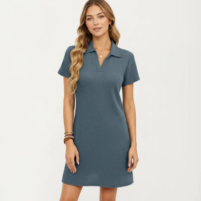 Anna-Kaci Women's Short Sleeve Collared Mini Dress with Split V Neck Textured Knit Relaxed Fit Casual Dress