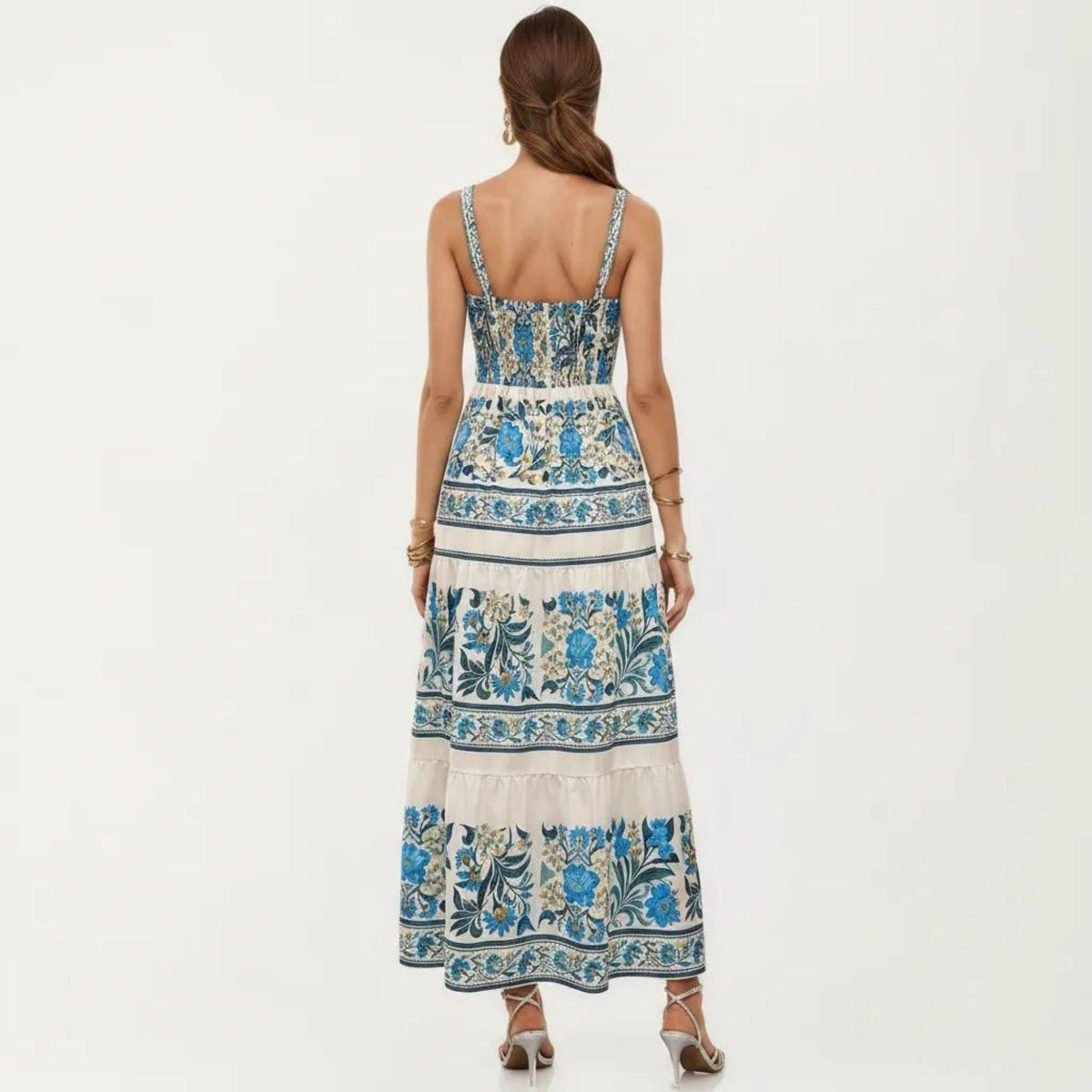 Anna-Kaci Women's Sleeveless Maxi Dress with Adjustable Straps Tiered Skirt Printed Design Flowy Fit