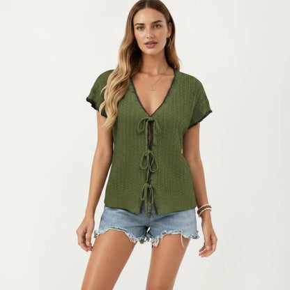 Anna-Kaci Women's Short Sleeve Knit Cardigan Top with V-Neck Tie Front and Contrast Trim