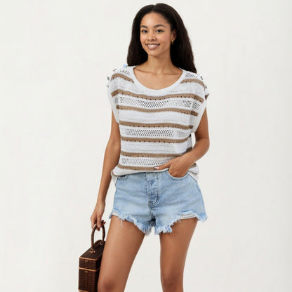 Anna-Kaci Women's Short Sleeve Striped Open Knit Top with Button Shoulder Detail and Relaxed Fit