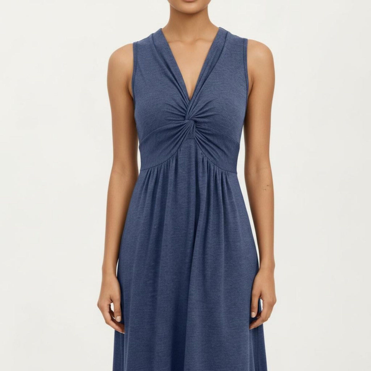 Anna-Kaci Women's Sleeveless V Neck Midi Dress with Front Twist Detail and Flowy A Line Silhouette