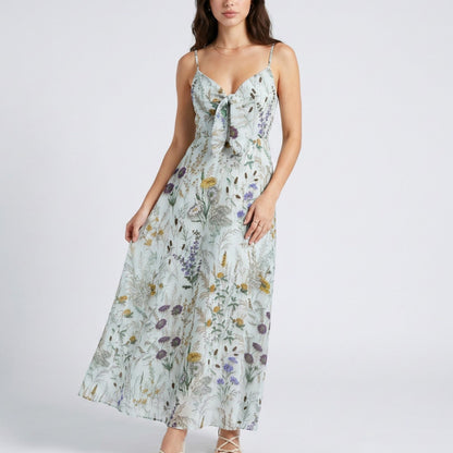Anna-Kaci Women's Floral Print Tie Front Maxi Dress with Spaghetti Straps and Flowy Skirt