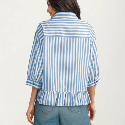 Anna-Kaci Women's Striped Button Down Blouse with Collar Three Quarter Sleeve Peplum Hem Pocket Detail Casual Shirt