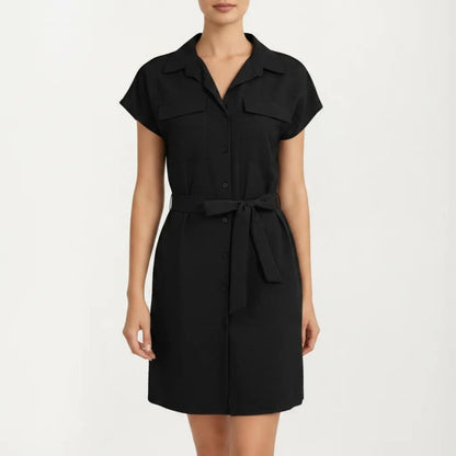 Anna-Kaci Women's Short Sleeve Button Front Shirt Dress with Collared Neckline and Adjustable Waist Tie