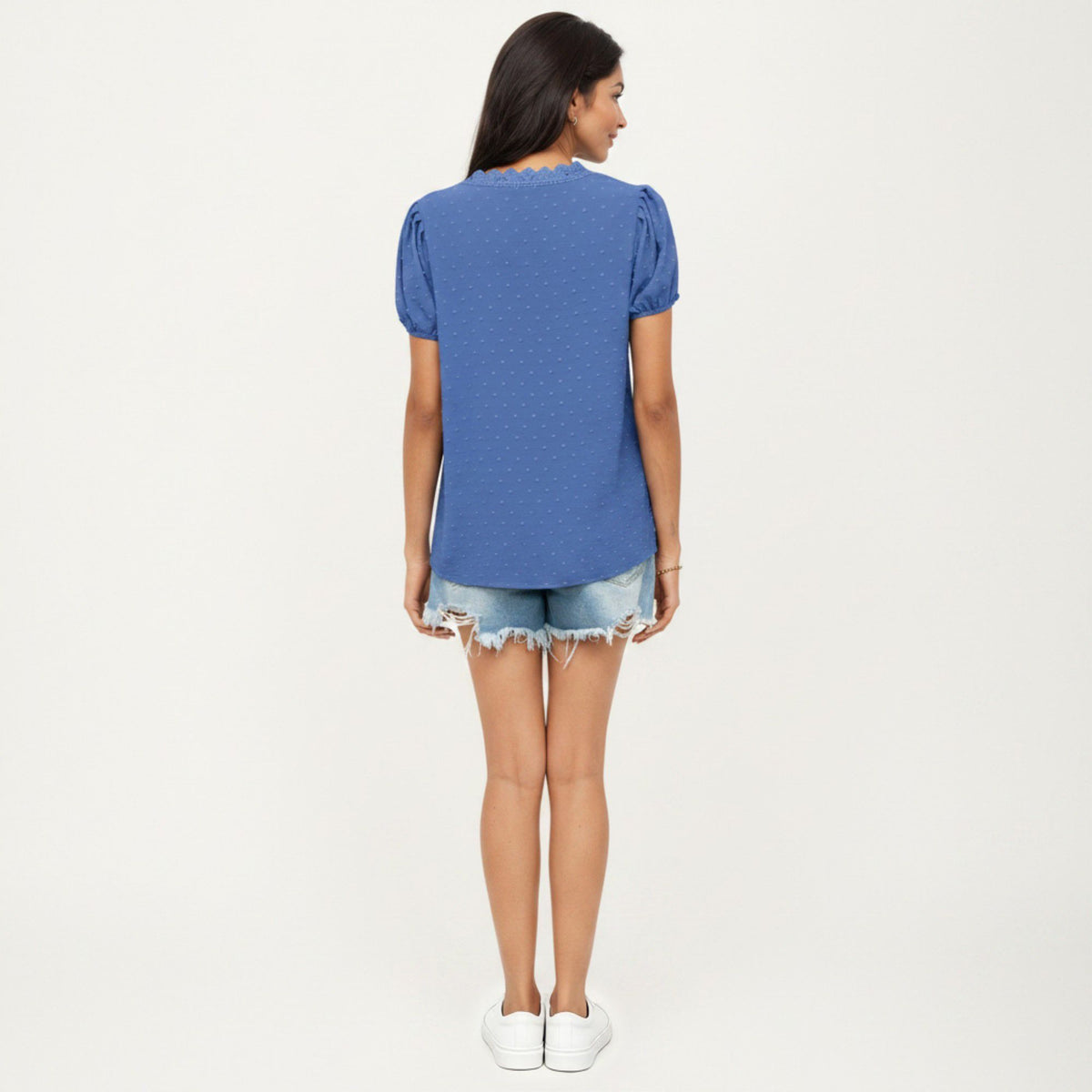 Anna-Kaci Women's Short Sleeve Swiss Dot Top with Lace Trim V-Neck and Puff Sleeves
