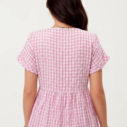 Anna-Kaci Women's Short Sleeve V Neck Plaid Mini Dress with Tiered Hem Loose Fit Casual Lightweight Summer Dress