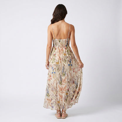 Anna-Kaci Women's Floral Print Tie Front Maxi Dress with Spaghetti Straps and Flowy Skirt