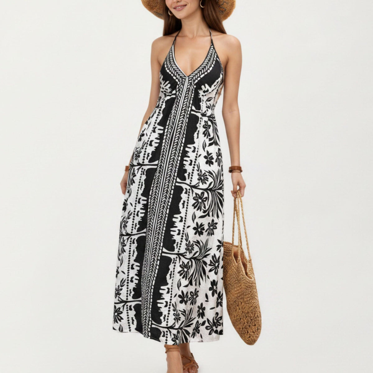 Anna-Kaci Women's Halter Neck Maxi Dress with Open Back Tie Design Flowy Printed Long Dress