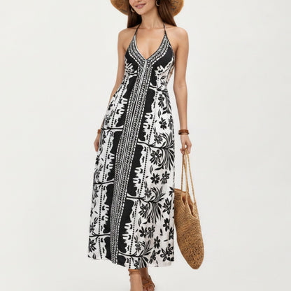 Anna-Kaci Women's Halter Neck Maxi Dress with Open Back Tie Design Flowy Printed Long Dress