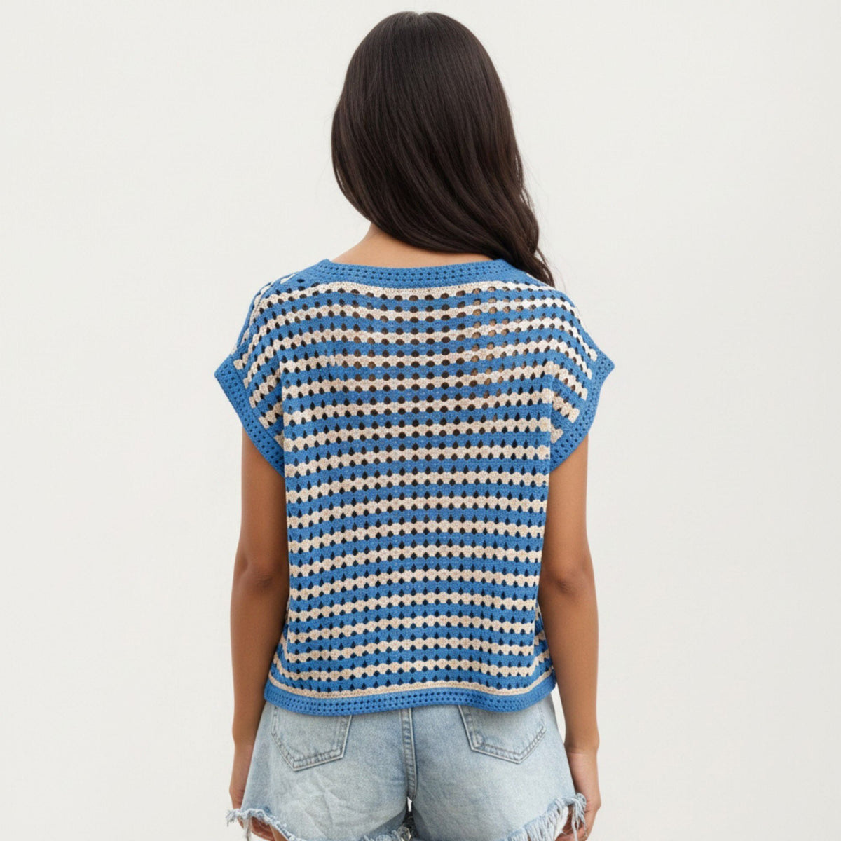 Anna-Kaci Women's Short Sleeve Striped Crochet Knit Top with Open Stitch Texture and Relaxed Fit