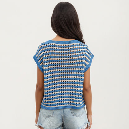 Anna-Kaci Women's Short Sleeve Striped Crochet Knit Top with Open Stitch Texture and Relaxed Fit