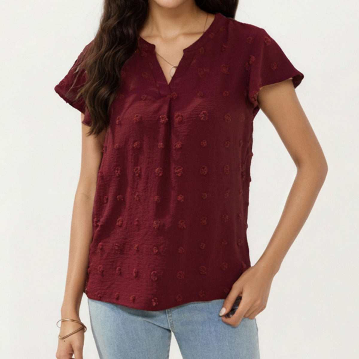 Anna-Kaci Women's Short Sleeve Swiss Dot Top with Split Neckline and Soft Textured Fabric
