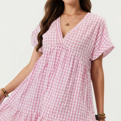 Anna-Kaci Women's Short Sleeve V Neck Plaid Mini Dress with Tiered Hem Loose Fit Casual Lightweight Summer Dress