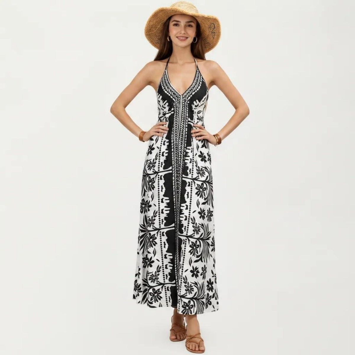 Anna-Kaci Women's Halter Neck Maxi Dress with Open Back Tie Design Flowy Printed Long Dress