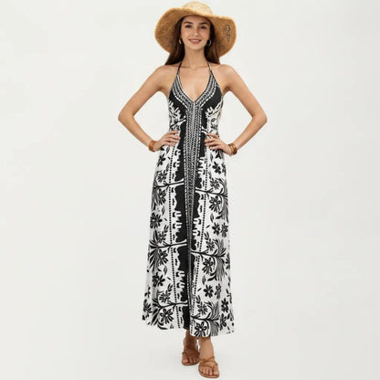 Anna-Kaci Women's Halter Neck Maxi Dress with Open Back Tie Design Flowy Printed Long Dress