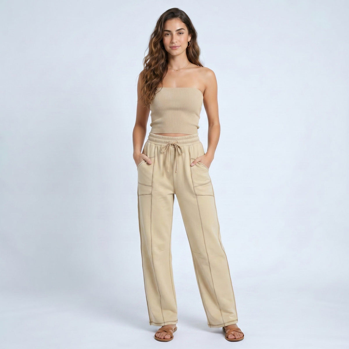 Anna-Kaci Women's High Rise Drawstring Wide Leg Utility Pants with Patch Pockets