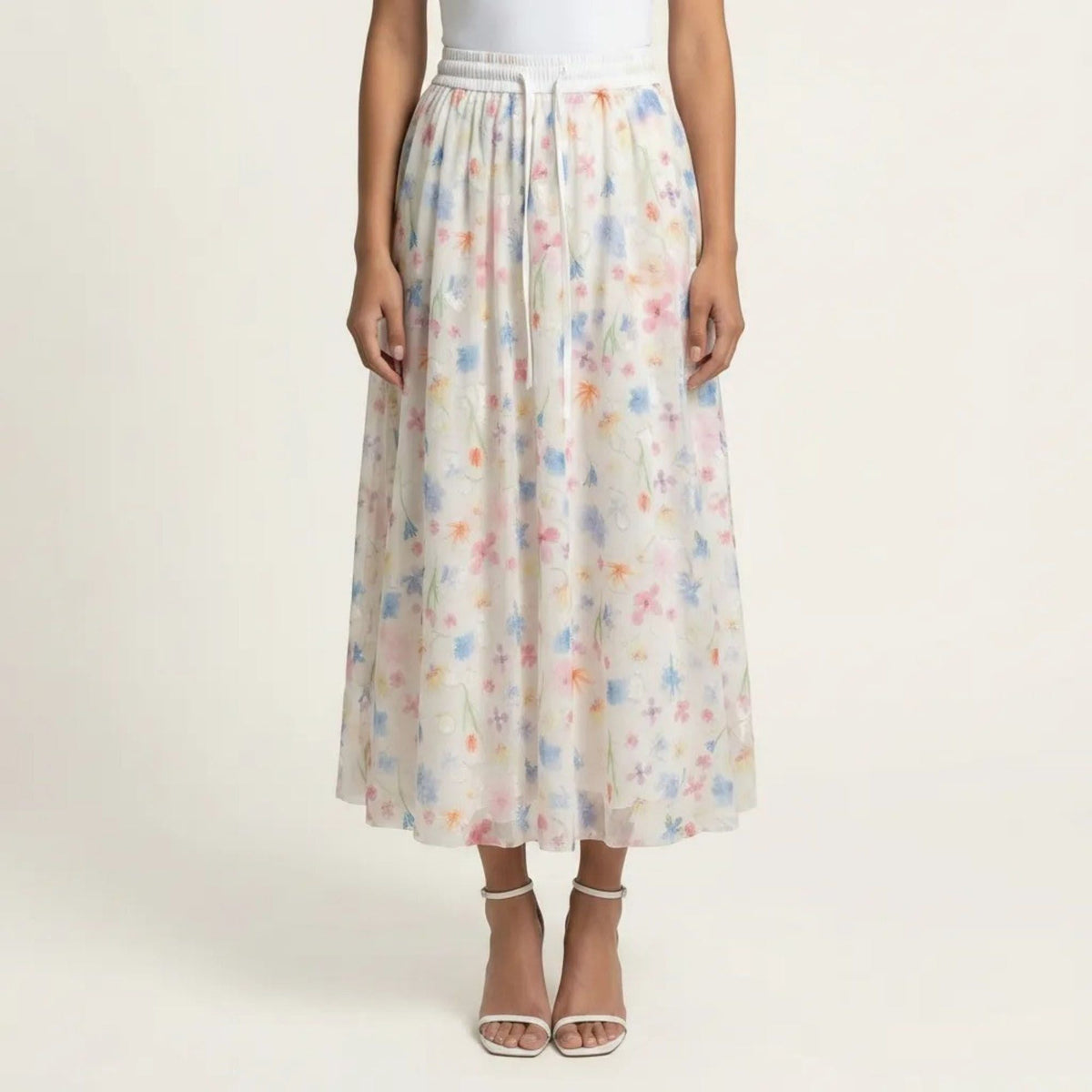 Anna-Kaci Women's Floral Midi Skirt Elastic Waist Flowy Lightweight Chiffon A Line Casual Skirt