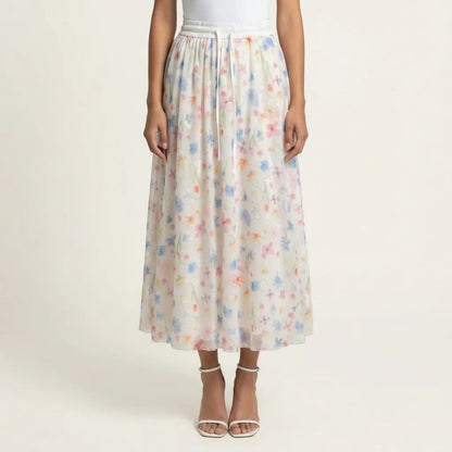 Anna-Kaci Women's Floral Midi Skirt Elastic Waist Flowy Lightweight Chiffon A Line Casual Skirt