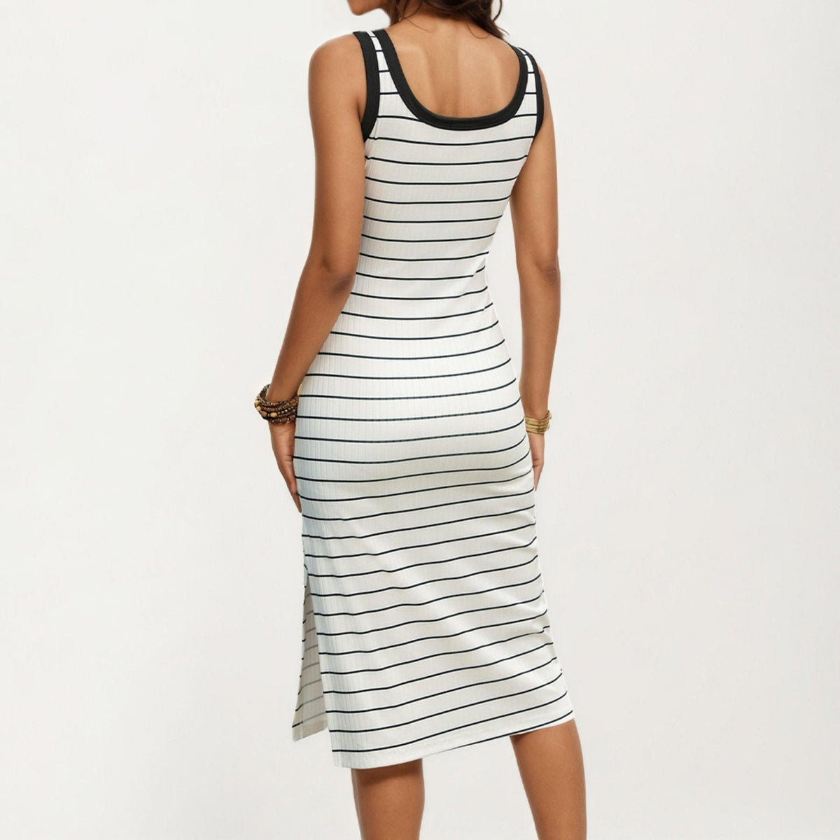Anna-Kaci Women's Striped Rib-Knit Scoop Neck Midi Tank Dress with Side Slit